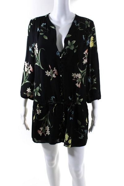 Joie Womens Y Neck Floral Long Sleeve Romper Black Green Yellow Size Small