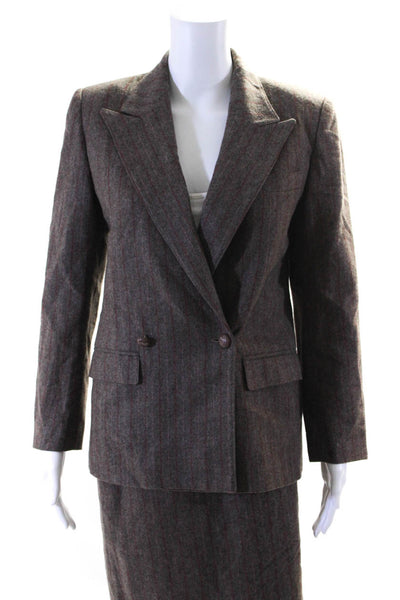 Ted Lapidus Womens Pinstripe One Button Blazer Skirt Suit Set Brown Red Size 36