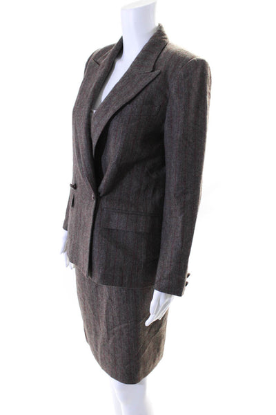 Ted Lapidus Womens Pinstripe One Button Blazer Skirt Suit Set Brown Red Size 36