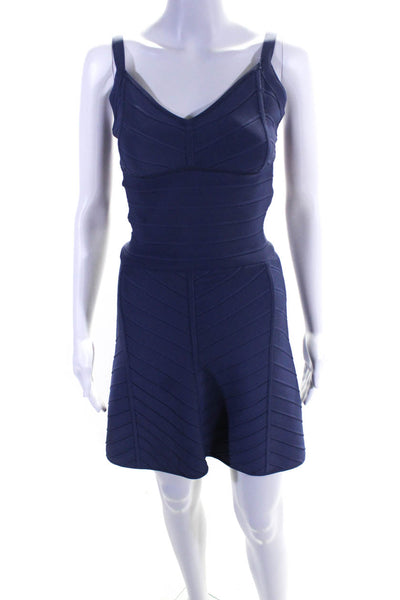 Herve Leger Women's Ribbed Sleeveless V-neck Mini Bodycon Dress Blue Size S