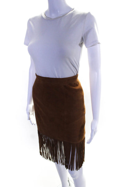 Cusp By Neiman Marcus Women's Low Rise Suede Fringed Mini Skirt Brown Size S