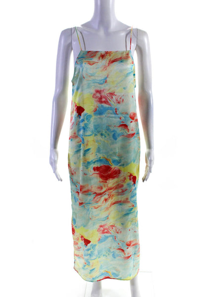 Wild Pony Womens Lined Maxi Marble Print Slip Dress Red Blue Yellow Size M