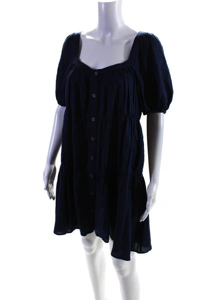 Elan Womens Square Neck Button Down Tiered Shift Dress Navy Blue Size M
