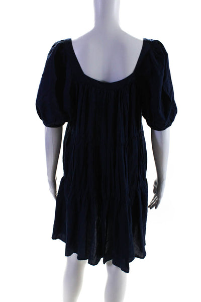 Elan Womens Square Neck Button Down Tiered Shift Dress Navy Blue Size M