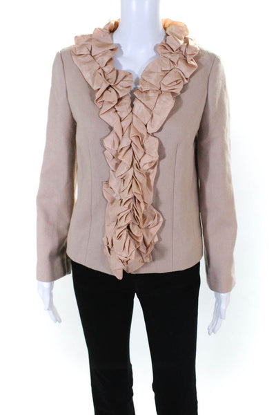 J Crew Womens Brown Wool Ruffle Detail Hook Long Sleeve Blazer Jacket Size 4