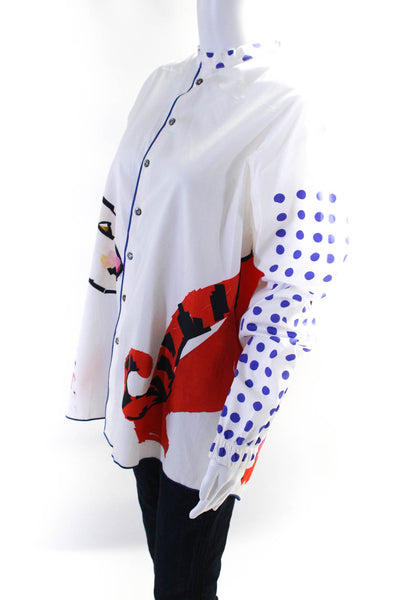 Rohka Womens Tiger Print Poplin Polka Dot Long Sleeve Shirt Blouse White S/M