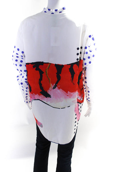 Rohka Womens Tiger Print Poplin Polka Dot Long Sleeve Shirt Blouse White S/M