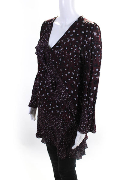 Parker Womens Silk Animal Print Ruffled Midi Long Sleeve Dress Burgundy Size S