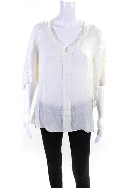 Kobi Halperin Womens Silk Battenberg Lace Textured Fringe Blouse White Size S