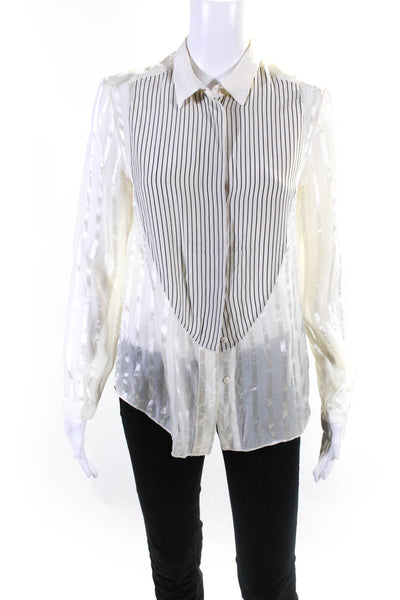 Jeunesse Womens Silk Striped Buttoned Collared Long Sleeve Blouse Cream Size XS