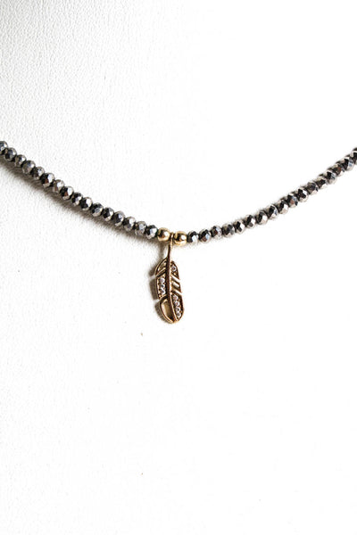 Designer Womens Beaded Diamond Gold Tone Feather Pendant Necklace Gray