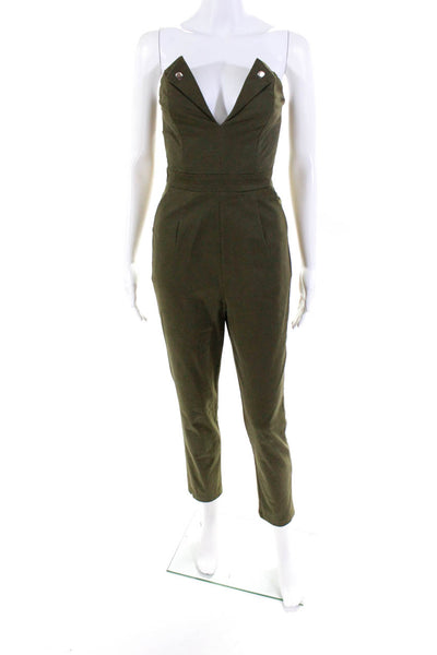 About Us Womens Strapless V Neck Lapel Zippered Pants Jumpsuit Green Size XS