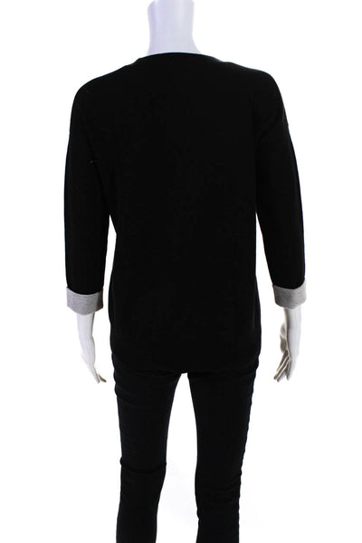 Vince Womens Cotton Top-Stitch 3/4 Sleeve Crewneck Knit Sweater Black Size 2XS