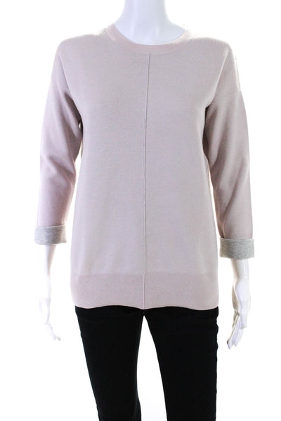 Vince Womens Cotton Top-Stitch Rib Hem 3/4 Sleeve Crewneck Sweater Pink Size 2XS