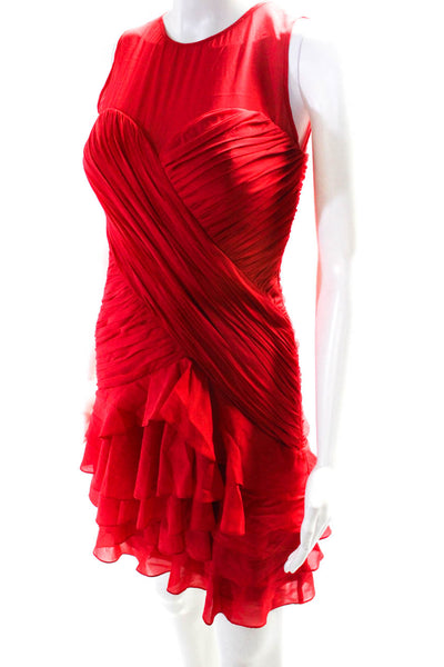 Jill Stuart Womens Red Silk Ruched Ruffles Zip Back Sleeveless Shift Dress Size2