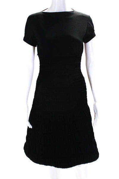 Alaia Womens Black High Neck Short Sleeve Smocked Fit & Flare Dress Size S