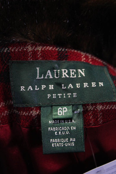 Lauren Ralph Lauren Womens Red Plaid Fuzzy Collar Long Sleeve Jacket Size 6P
