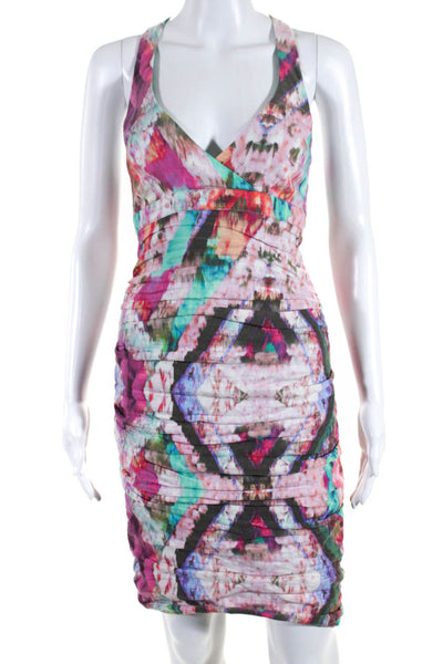 Nicole Miller Womens Cotton Printed Ruched V-Neck Sheath Dress Pink Size 8