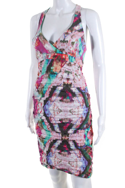 Nicole Miller Womens Cotton Printed Ruched V-Neck Sheath Dress Pink Size 8
