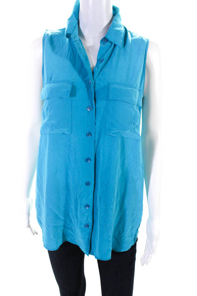 Equipment Womens Silk Collared Sleeveless Button down Blouse Turquoise Size S