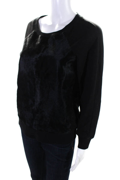 Rachel Zoe Womens Calfskin Crewneck Pullover Sweatshirt Black Size S