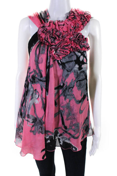 Robert Rodriguez Womens Floral Ruffle Sleeveless Top Blouse Black Pink Size 2