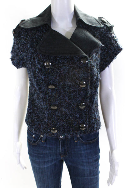 Worth Womens Double Breasted Tweed Denim Collared Jacket Blue Size 4