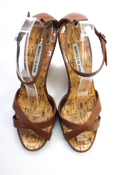 Manolo Blahnik Womens Solid Wood Sole Wedge Ankle Strap Sandals Brown Size 8