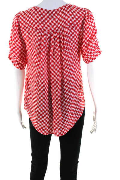 Joie Womens Short Sleeve Houndstooth Y Neck Top Blouse Red White Size Small