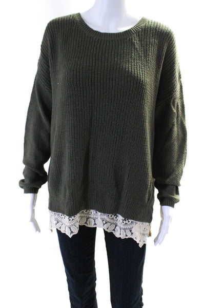 Pins and Needles Womens Lace Trim Crew Neck Sweater Green Size Medium