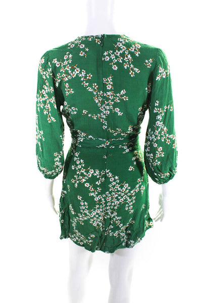 Faithfull The Brand Womens Floral Print V-Neck Mini Dress Green White Size 4