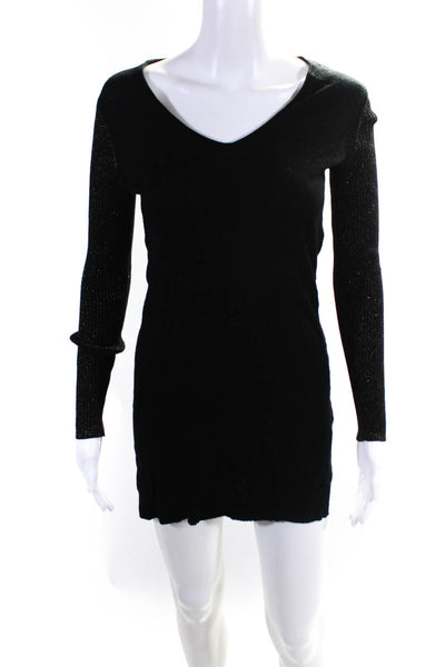 Joie Womens Glitter Ribbed Texture Long Sleeve V-Neck Sweater Dress Black Size S