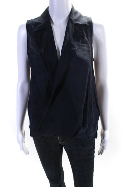 L'Agence Women's Silk V Neck Sleeveless Collar Blouse Navy Size XS