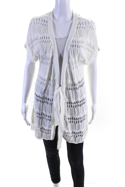 Bruno Manetti Womens Open Knit Tied Short Sleeve Textured Cardigan White Size 10