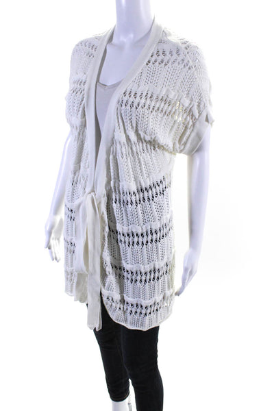 Bruno Manetti Womens Open Knit Tied Short Sleeve Textured Cardigan White Size 10