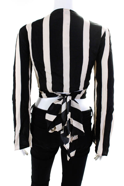 Flynn Skye Womens Cropped Stripe Long Sleeve Wrap Top Blouse Black White Medium
