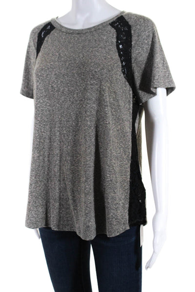 Rebecca Taylor Womens Lace Inset Short Sleeve Tee Shirt Gray Size Large