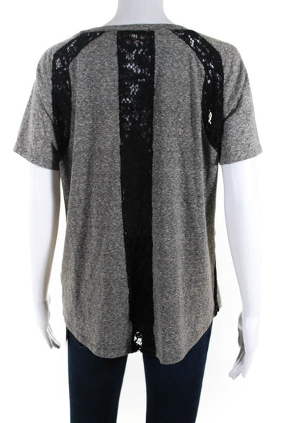 Rebecca Taylor Womens Lace Inset Short Sleeve Tee Shirt Gray Size Large