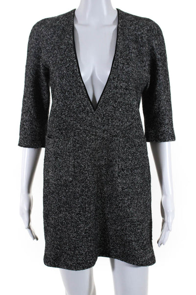 Sandro Womens Deep V Neck 3/4 Sleeve Mini Shift Dress Black White Size 1