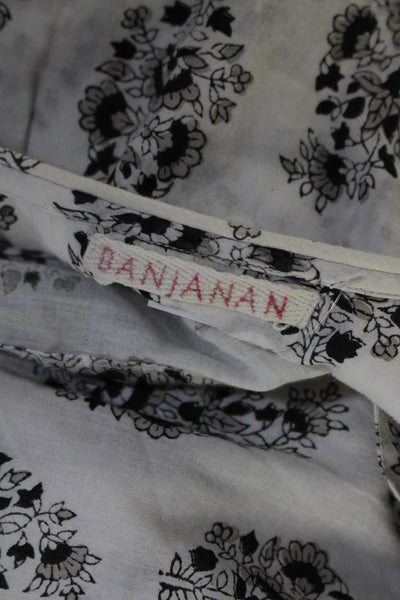 Banjanan Women's Cotton Floral Print Sleeveless V Neck Tunic Blouse White Size M