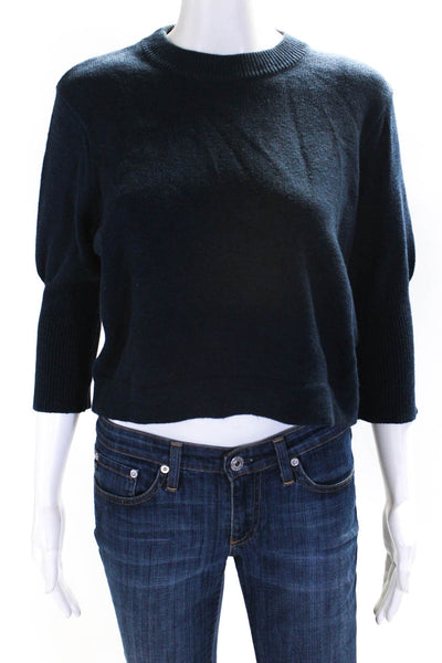 Claudie Pierlot Womens Solid Crew Neck Long Sleeve Cropped Sweater Blue Size 12
