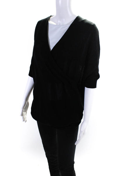 D. Exterior Womens Short Sleeve Surplice V Neck Sweater Black Cotton Size Small