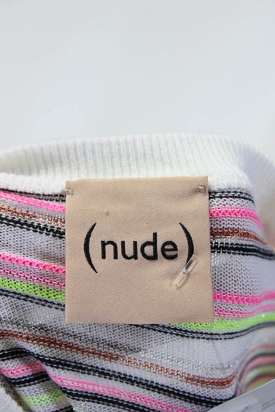 Nude Womens Crew Neck Metallic Stripe Puff Sleeve Sweater Pink White Green IT 40