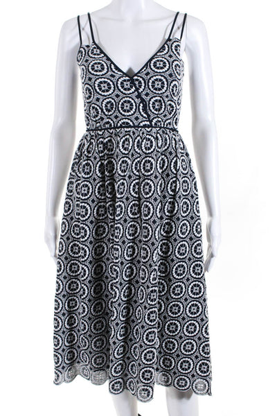 J Crew Womens Embroidered Sun Dress Navy Blue White Cotton Size 00