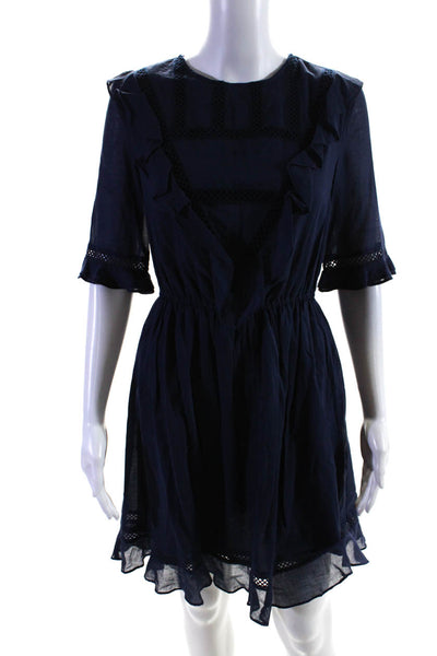 A Loves A Womens Cotton Mesh Texture Short Sleeve A-Line Midi Dress Navy Size XS