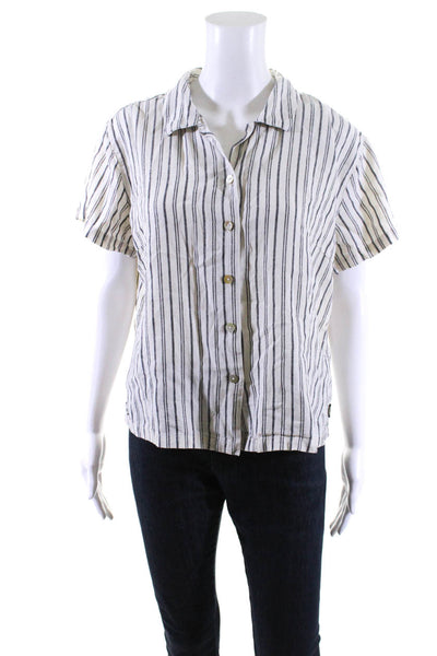 Afends Womens Cream Hemp Knit Striped Short Sleeve Button Down Shirt Size 4