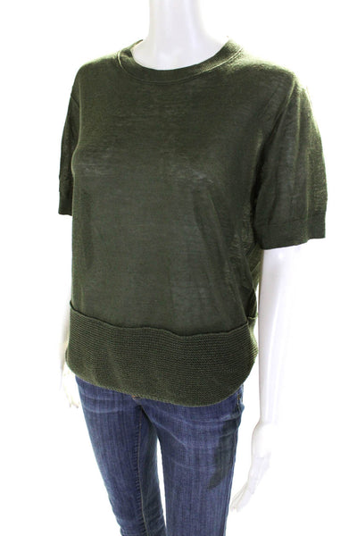 Theory Womens Green Linen Knit Crew Neck Short Sleeve Blouse Top Size P