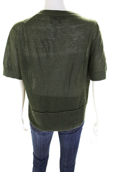 Theory Womens Green Linen Knit Crew Neck Short Sleeve Blouse Top Size P