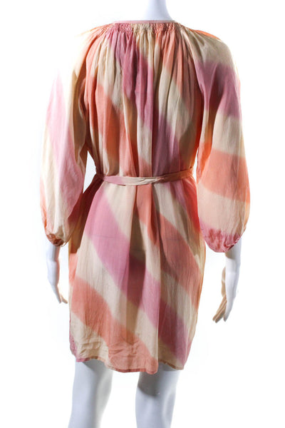 Tucker Womens Silk Stripe Buttoned Ruched Long Sleeve A-Line Dress Orange Size S