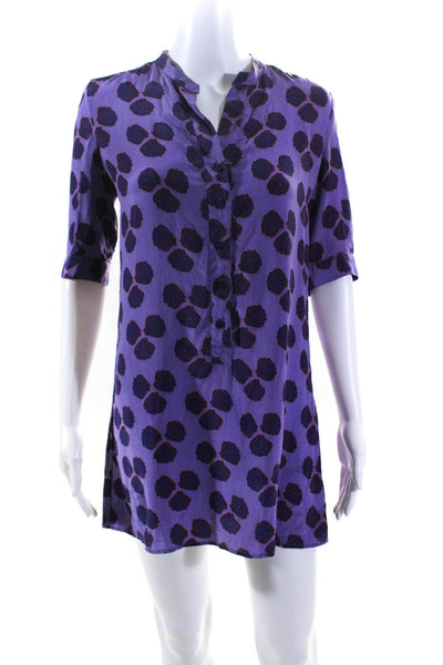 Tucker Womens Silk Graphic Print Button Short Sleeve A-Line Dress Purple Size S